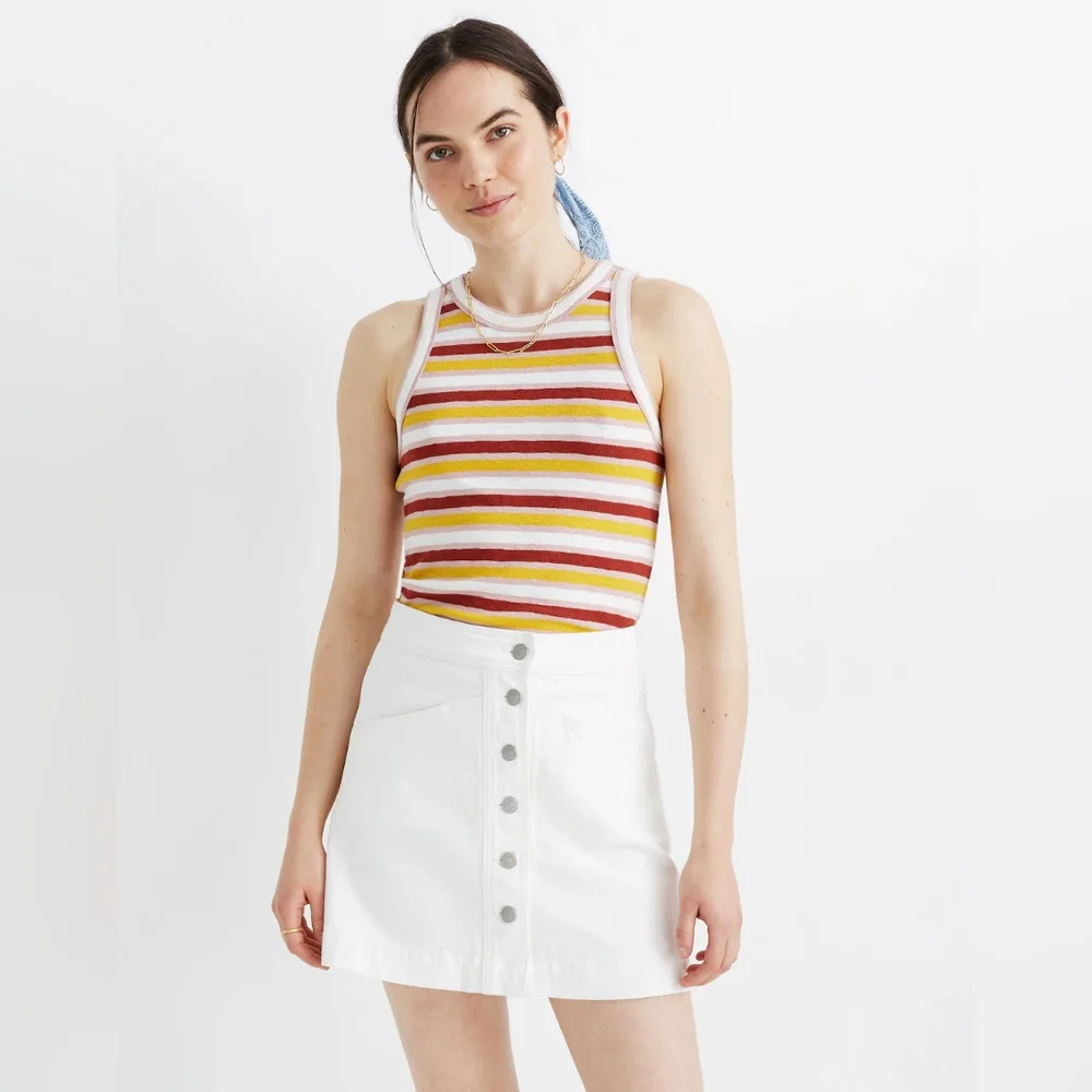 Madewell Stretch Denim A-Line Mini Skirt in Tile White: Button-Front Edi…